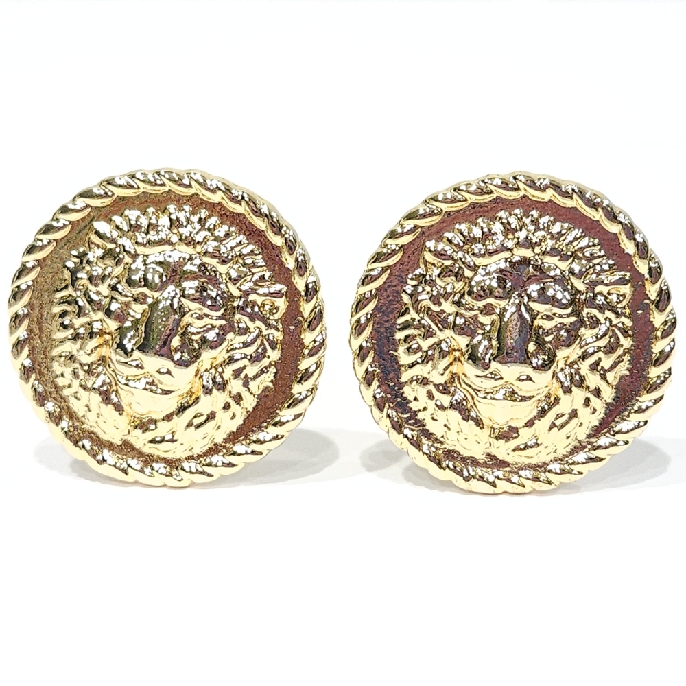 Vintage Versace Lion Coin Earrings 70s 80s Gold Tone Gianni Versace Clip Ons - Picture 6 of 17